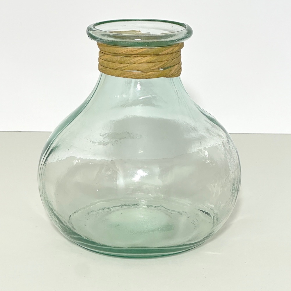 Clear Hand Blown Recycled Glass Bulbous Vase Raffia Wrapped Neck Coastal Beach